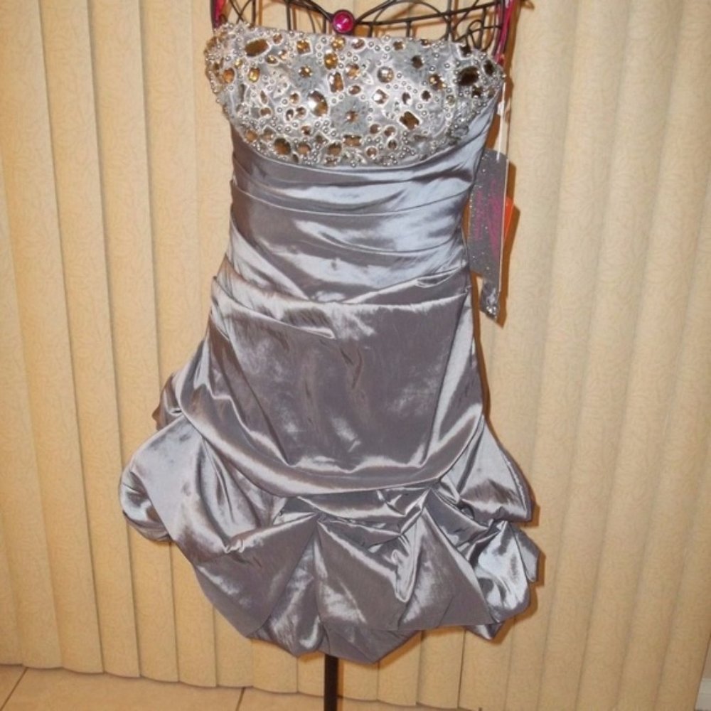*FINAL PRICE* Silver Taffeta Strapless Embellish Short Dress 4